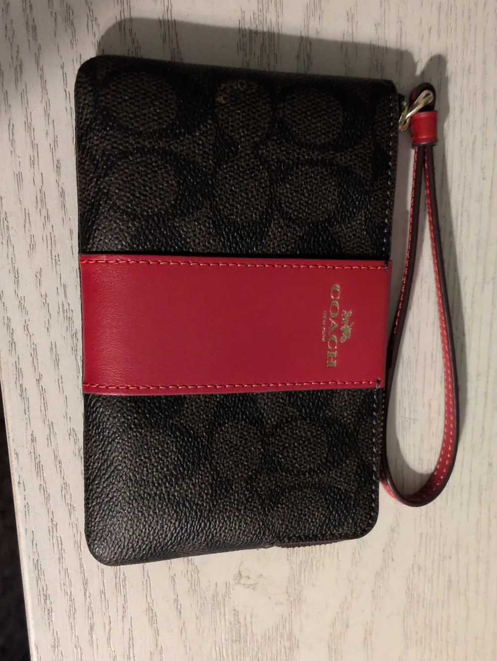 Coach Black Signature Wristlet with Red Band